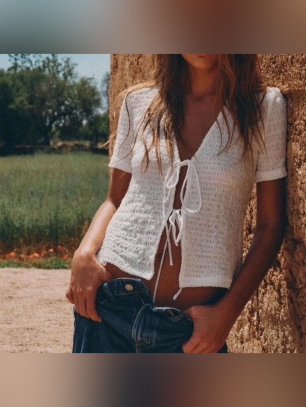 Zara White Crochet Tie-Front Short Sleeve Crop Top